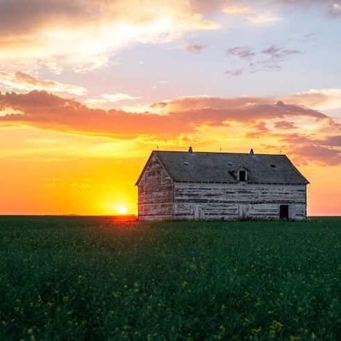 A beautiful barn in Iowa at sunset